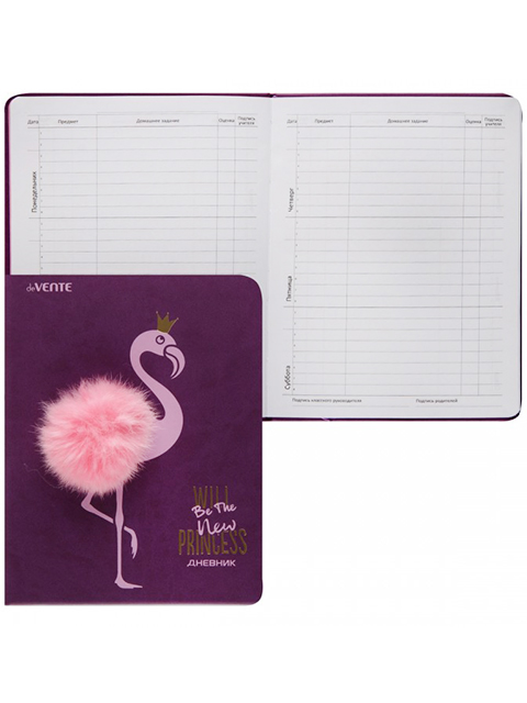 Дневник универсальный deVENTE "Flamingo" твердая обложка, искусственная кожа с аппликацией из меха