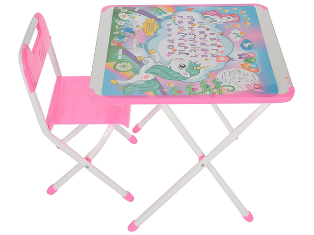Набор мебели складной детской Дэми 2-02 "Единорог" (стул + стол + лоток) белый/розовый