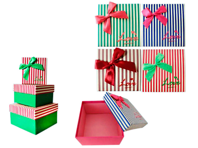 Набор коробок 3 в 1 цветные, ассорти, крышка с рисунком-полоска с атласным бантиком, 13*13*7,5 см