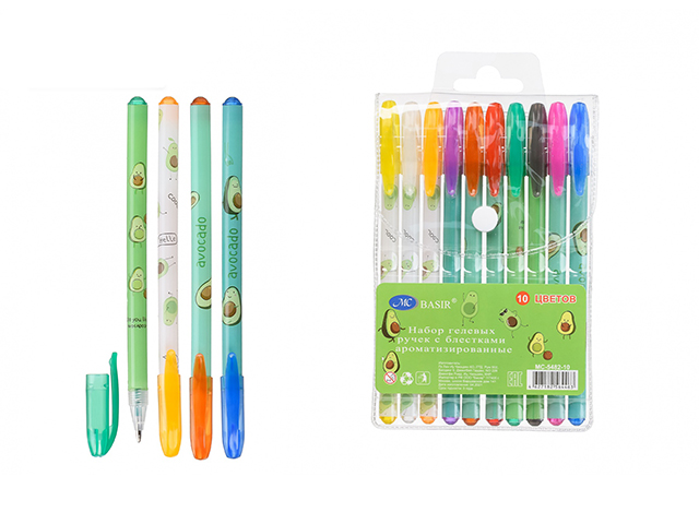 Набор гелевых ручек "Basir. Авокадо" ароматизир. с блестками, 10цв. в упак.
