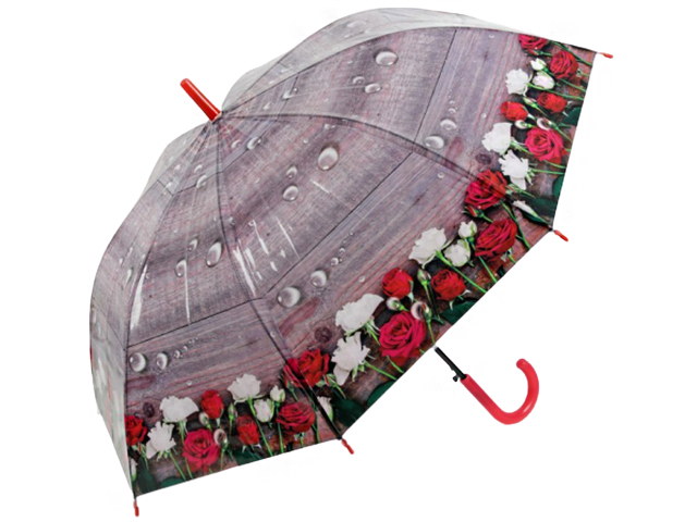 Зонт-трость женский полуавтомат "Цветы Розы" 8 спиц, d=48см, красн/роз