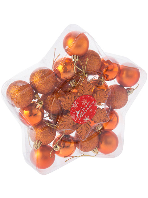 Набор елочных игрушек Шары Снежинка, оранжевый, пластик, 24 штук в упаковке