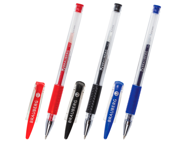 Ручки гелевые BRAUBERG, набор 3 шт., "Number One", узел 0,5 мм, линия 0,35 мм, подвес, (синяя, черная, красная), 141305