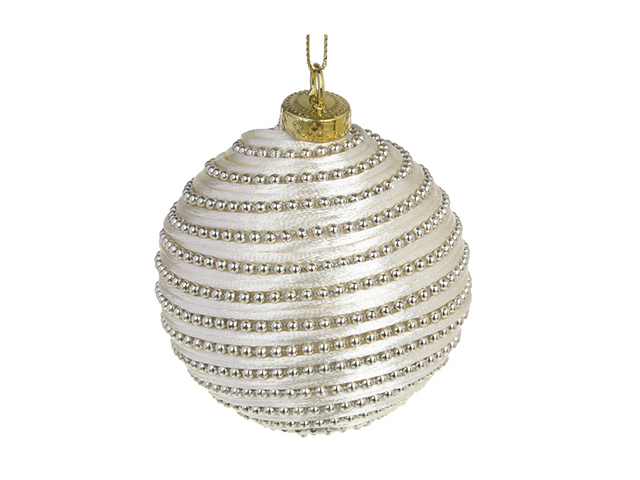 Елочное украшение СНОУ БУМ Подвеска декоративная шар с декором 8см белый жемчуг с золотом пенопласт, текстиль