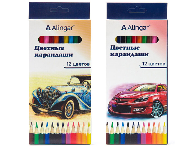 Карандаши цветные Alingar "Автомобили" 12 цветов, деревянные, в картонной упаковке, европодвес
