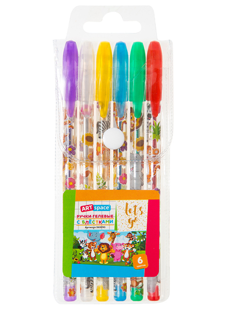 Набор гелевых ручек ArtSpace "Зверята" 6 цветов, с блестками, ПВХ чехол