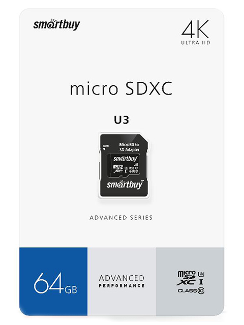 Карта памяти Smart Buy Micro SDXC 64GB Class 10, скорость чтения  90Мб/сек. (с адаптером SD) 