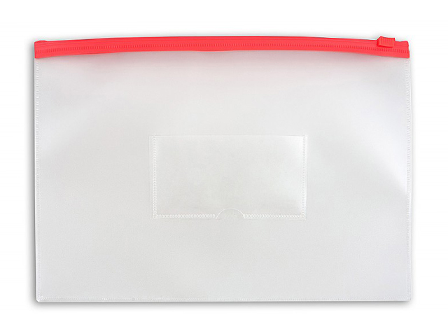 Папка-конверт на молнии А6 Бюрократ 0,15 мм прозрачная, красная молния, карман