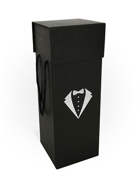 Коробка под бутылку  с перекидной крышкой (прямоугольник, 105x105x280, лён, черный, шнурок синий)