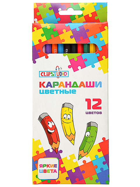 Карандаши цветные ClipStudio 12 цветов, заточенные, шестигранные,пластик, картонная упаковка, европодвес