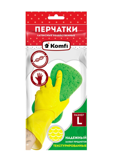 Перчатки хозяйственные латексные Komfi, размер L, желтые