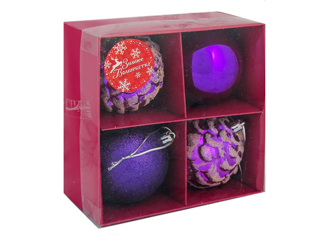Набор елочных игрушек Шары "Сюрприз" фиолетовый, 7,5 см, пластик, 4 штуки в упаковке