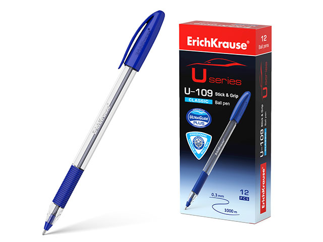 Ручка шариковая Erich Krause "U-109 Classic Stick" 1,0 мм, грип, корпус прозрачный, синий