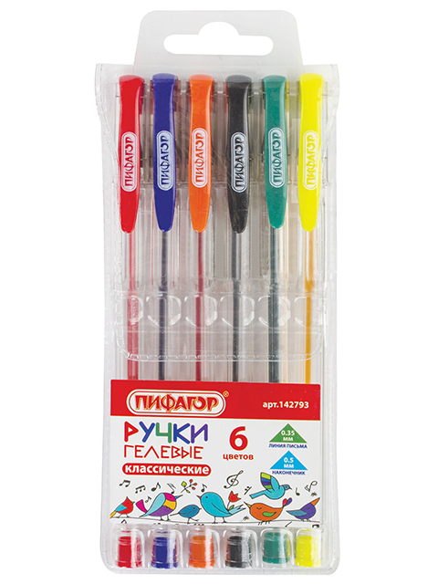 Набор гелевых ручек Пифагор, 6 цветов, корпус прозрачный, узел 0,5 мм, линия 0,35 мм