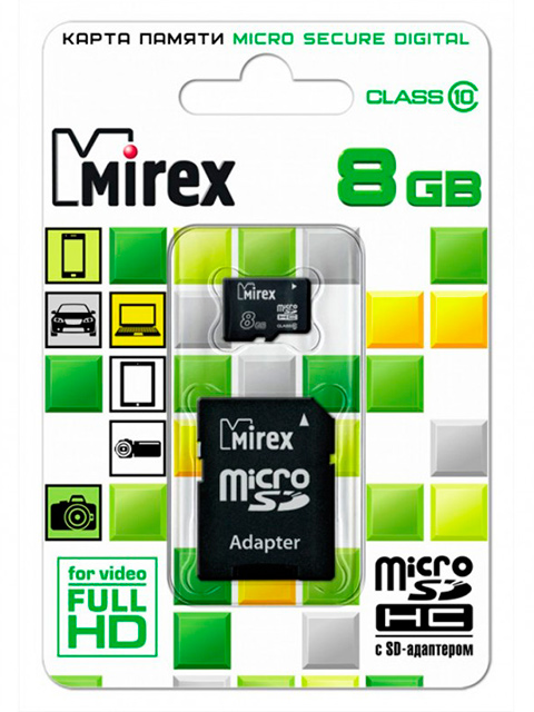 Карта памяти Mirex Micro SDHC 8Gb, Class 10, с SD-адаптером