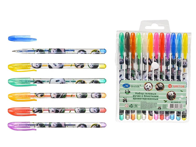 Набор гелевых ручек "Basir. Панда" ароматизир. с блестками, 12цв. в упак.