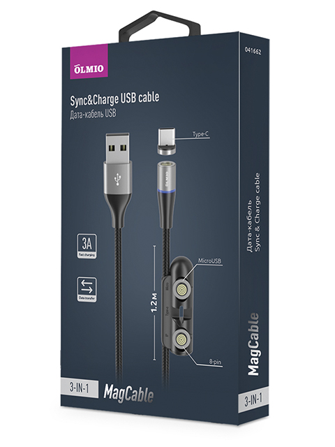 Дата-кабель OLMIO MagCable 3in1, USB2.0-microUSB/typeC/8-pin, 3А, 1.2м, магнитный штекер, текстильная оплетка, черный