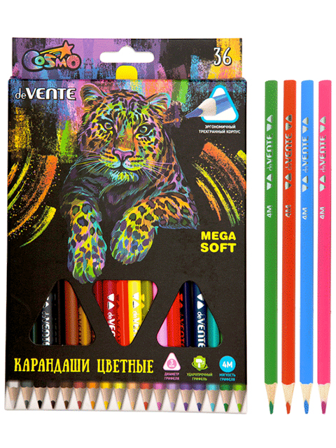 Карандаши цветные deVENTE "Cosmo Mega Soft" 36 цветов, 4М, трехгранные, деревянные, в картонной упаковке