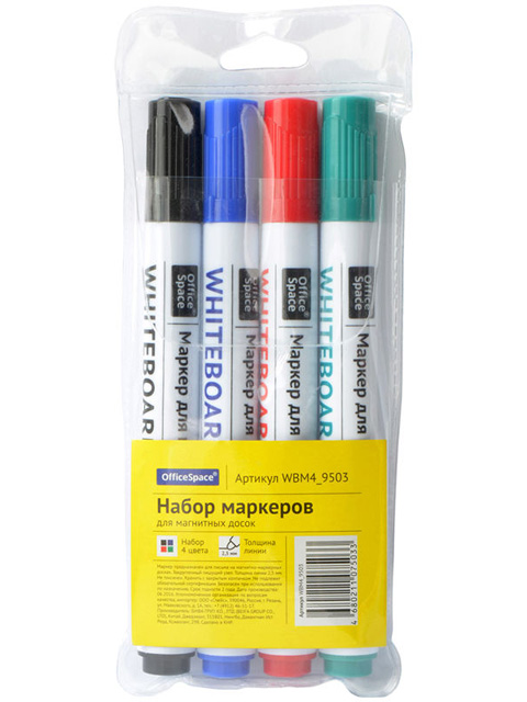 Набор маркеров для белой доски OfficeSpace 2,5 мм, пулевидный, 4 цвета, чехол с европодвесом