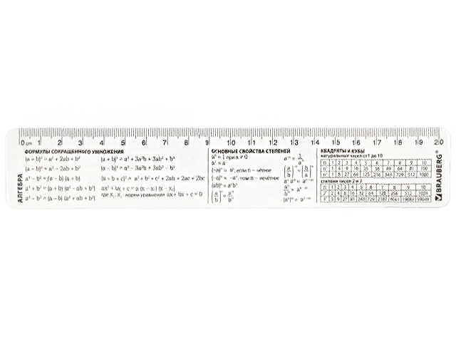 Линейка пластмассовая 20 см BRAUBERG справочная, алгебра