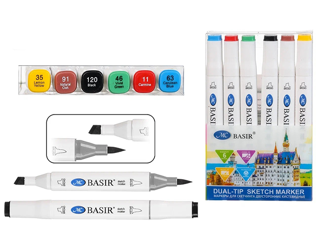 Набор маркеров для скетчинга Basir, 1-7 мм, двусторонние, кистевидные, 6 цветов, в пластиковой упаковке