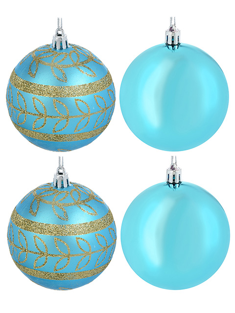 Набор елочных шаров СНОУ БУМ, 8 см, 4 шт, голубые с декором, пластик