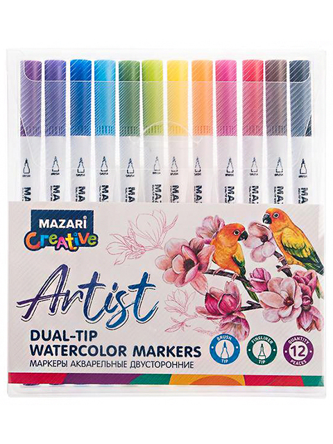 Набор акварельных маркеров Mazari "ARTIST" 12 цветов, двусторонние