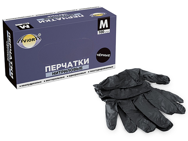Перчатки нитриловые AVIORA неопудренные, одноразовые, черные, размер М, 50 пар (цена за упаковку)