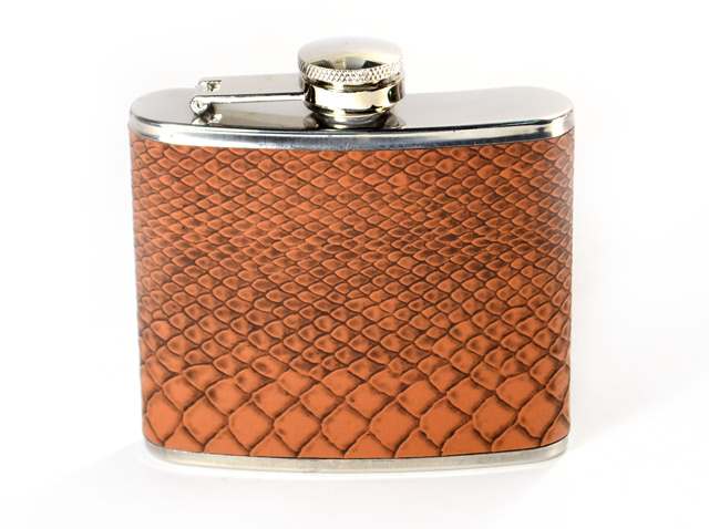 Фляжка 5oz, металл, кож-заменитель рептилия оранжевый