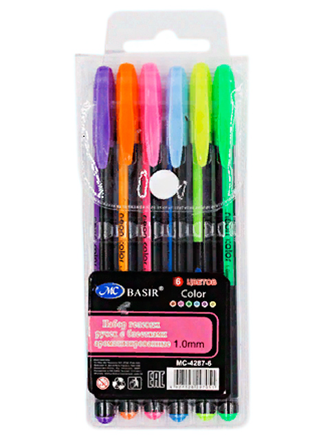 Набор гелевых ручек Basir "Neon Color" 6 цветов, 1 мм, неоновые