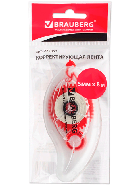 Корректирующая лента BRAUBERG "Red Power", 5 мм х 8 м, в упаковке с европодвесом, 222053