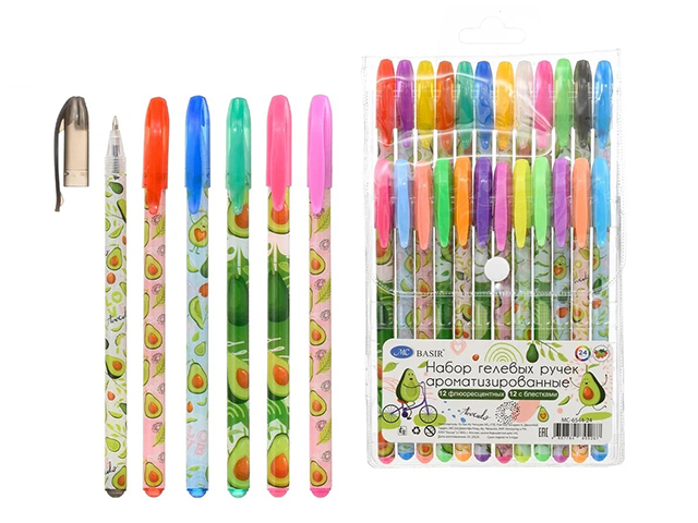 Набор гелевых ручек "Basir. Авокадо" ароматизированные. с блестками, 24цв.