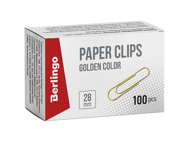 Скрепки Berlingo 28 мм золотистые 100 шт в картонной упаковке
