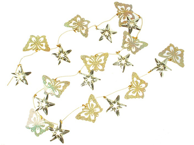 Елочное украшение Бусы длина 1,65м, Праздничный наряд бабочки и звезды