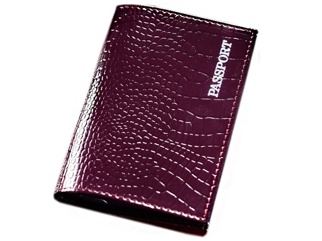 Обложка для паспорта  "PASSPORT" 9,5х13,5см, к/зам, тиснение фольгой, баклажан, крокодил