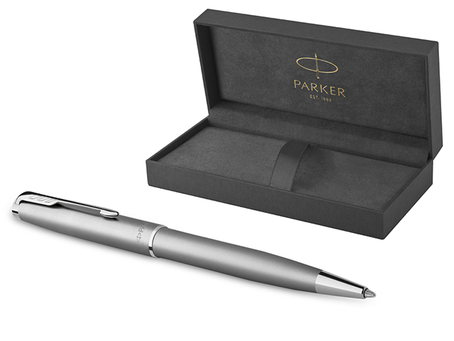 Ручка шариковая с поворотным механизмом PARKER "Sonnet Sand Blasted Stainless Steel" 1,0мм, черная, подарочная упаковка