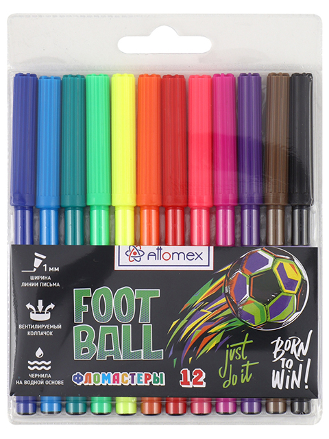 Фломастеры Attomex "Football" 12 цветов вентилируемый колпачок пластиковый блистер
