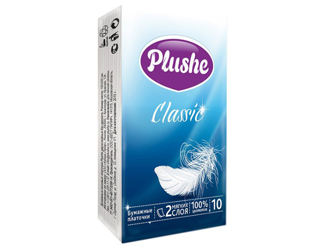 Платки носовые бумажные "Plushe. Classic" 2-х слойные, 1шт.