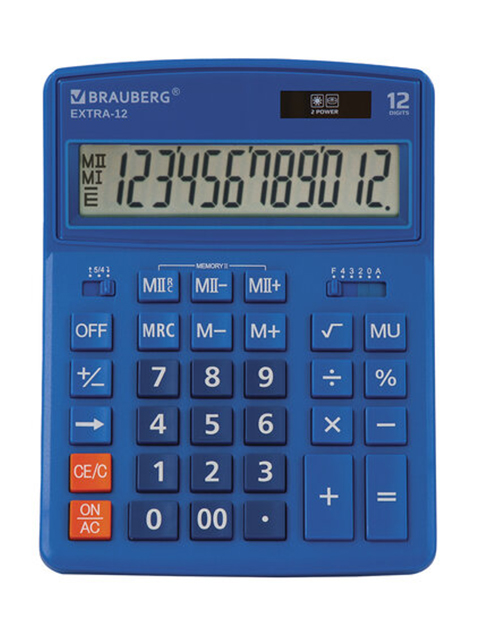 Калькулятор настольный BRAUBERG EXTRA-12-BU (206x155 мм), 12 разрядов, двойное питание, синий