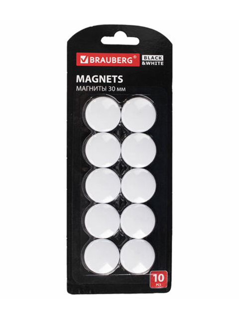 Магниты BRAUBERG "BLACK&WHITE", диаметр 30 мм, 10 шт. белые, 237467