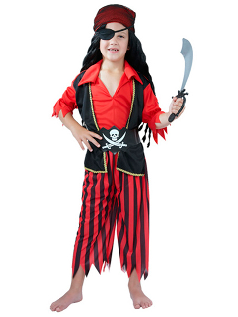 Костюм карнавальный "Пират" на 4-6, 7-10, 11-14 лет, 4 предмета (рубашка с жилеткой, штаны, бандана, повязка на глаз)