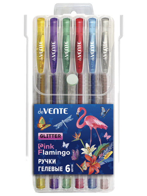 Набор гелевых ручек "deVENTE. Pink Flamingo" 6 цветов, 1мм, блестки, в ПВХ упаковке