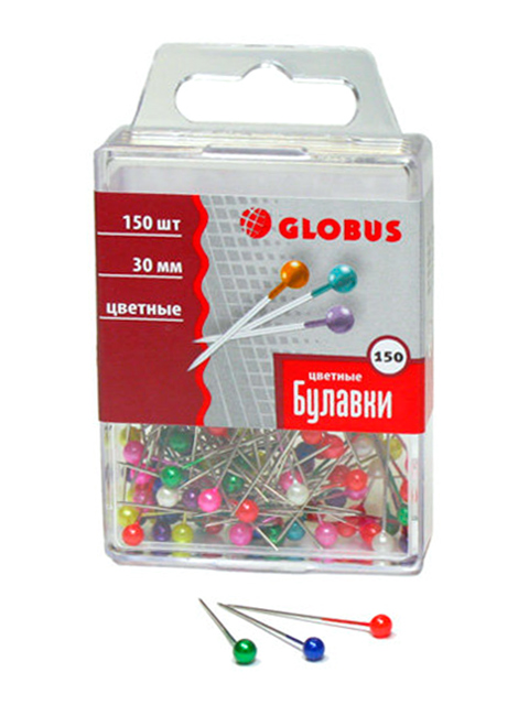 Булавки Globus канцелярские 30 мм, с цветными головками, 150 штук, в пластиковой упаковке с европодвесом
