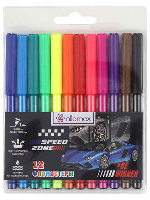 Фломастеры Attomex "Speed Zone" 12 цветов вентилируемый колпачок пластиковый блистер