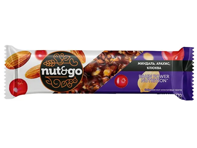 Батончик "NUT & GO" миндально-арахисовый с клюквой 50г