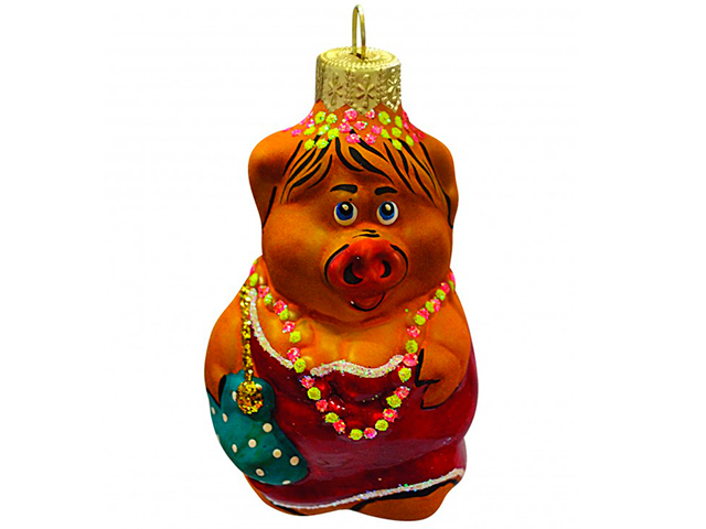 Елочное украшение фигурка "Свинка дама" (Символ года), 9см стекло, в подарочной упаковке