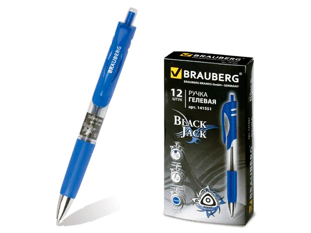 Ручка гелевая автоматическая BRAUBERG "Black Jack", трехгранная, линия 0,5 мм, синяя, 141551