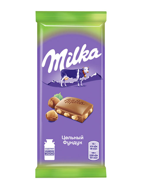 Шоколад "Milka" молочный с цельным фундуком, 85гр.