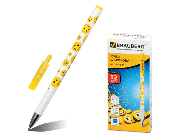 Ручка шариковая BRAUBERG "Смайлики", корпус с печатью, узел 0,7 мм, линия 0,35 мм, синяя, 141534