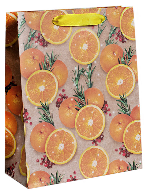 Пакет подарочный бумажный 18х23х8 "Апельсины" крафт
